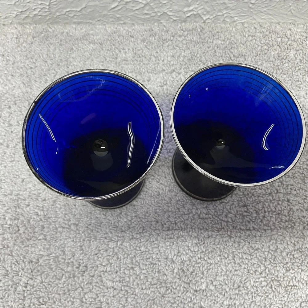Vintage Set of 2 Cobalt Blue Cocktail‎ Glasses with Silver Platinum Banding MCM